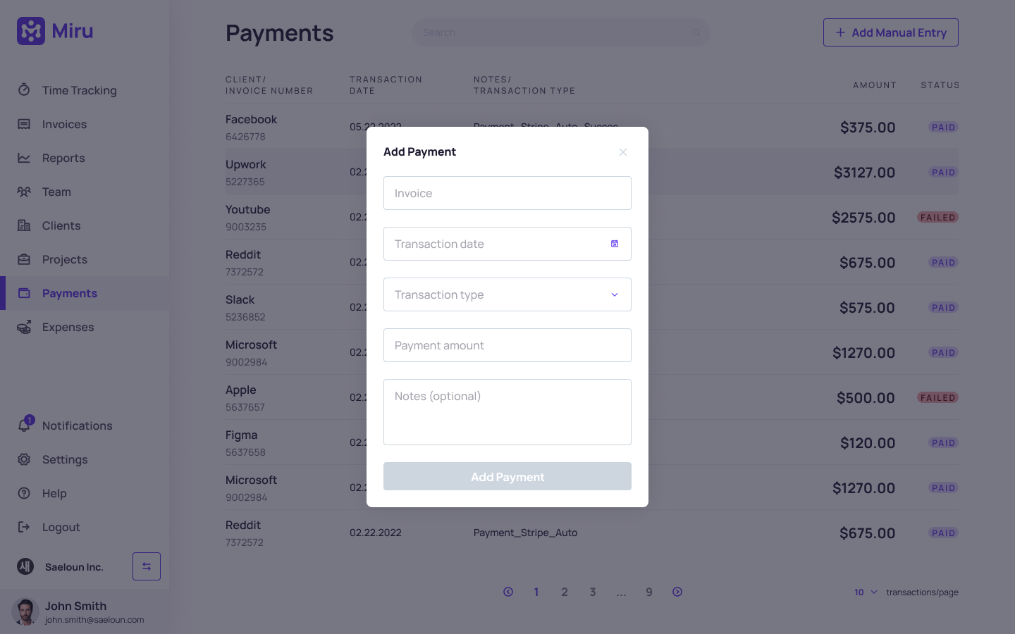 Payments Dashboard | Miru Web Documentation