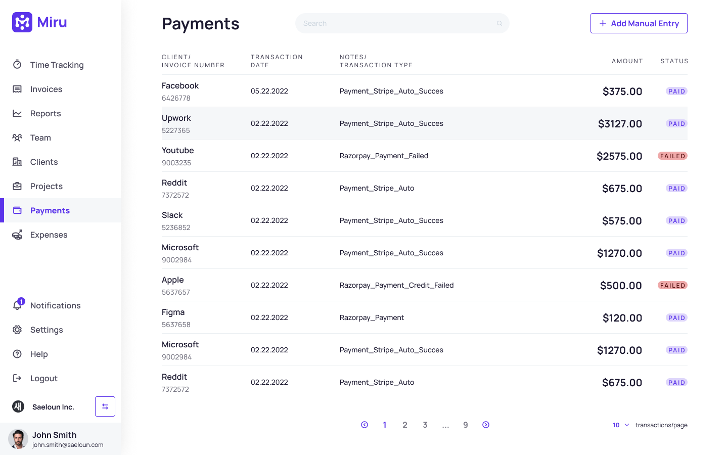 Payments Dashboard | Miru Web Documentation